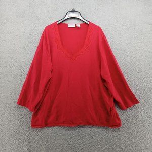 Jaclyn Smith Shirt Womens 3X Red Vibrant Bright 3/4 Sleeve Lace Trimmed‎ V Neck